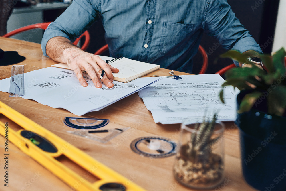 Poster hands, project and architect in office with blueprint, drawing and measurement for building. person,