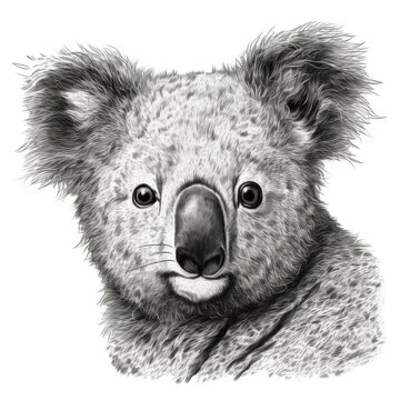 recommend clip art: Black and white Vintage engraved art of a portrait of a koala isolated on white background, ink sketch illustration, simple vector art design, highly detailed line art, high contrasty.