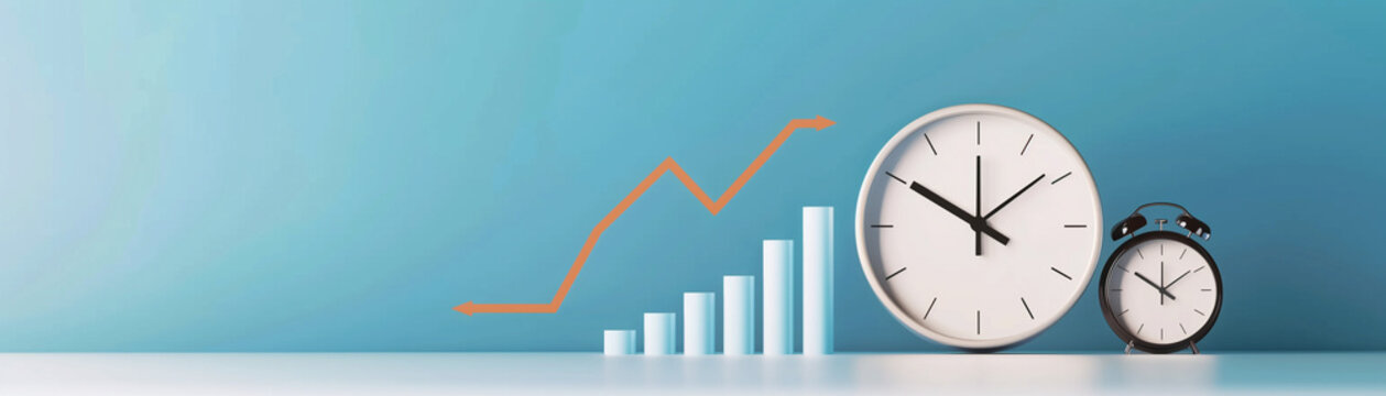 An image depicting the concept of cost reduction, showcasing two clocks and a bar graph with an upward trend arrow.