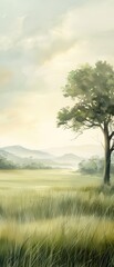 Obraz premium A painting of a field with a tree in the middle