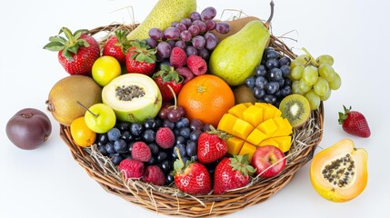 A basket filled with assorted fresh seasonal fruits, seasonal fruit basket, Farm-to-table freshness