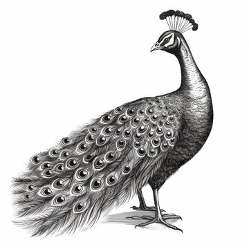 recommend clip art: Black and white Vintage engraved art of a peacock isolated on white background, ink sketch illustration, simple vector art design, highly detailed line art, high contrasty.