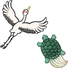 鶴亀　和風　版画　墨絵　水彩　切り絵　手描き　イラスト素材