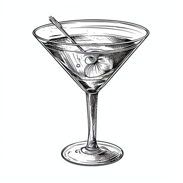 recommend clip art: Black and white Vintage engraved art of a Martini isolated on white background, ink sketch illustration, simple vector art design, highly detailed line art, high contrasty.