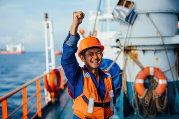 Asian seafarer celebrating a successful voyage with the crew, Generative AI