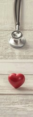 A heart is placed on a wooden surface next to a stethoscope