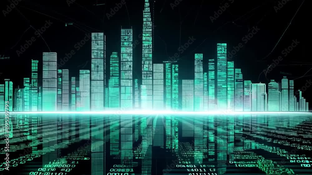 Poster A digital city skyline composed of binary code is reflected in a pool of water.