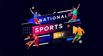 sport background, national sports day celebration concept, with abstract geometric ornament and illustration of sports athlete football player, badminton, basketball, baseball, tennis, volleyball