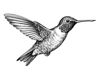 Black and white Vintage engraved art of a hummingbird isolated on white background, ink sketch illustration, simple vector art design, highly detailed line art, high contrast. 