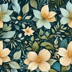 Stylish Floral Pattern with Colorful Flowers and Leaves on a Dark Background