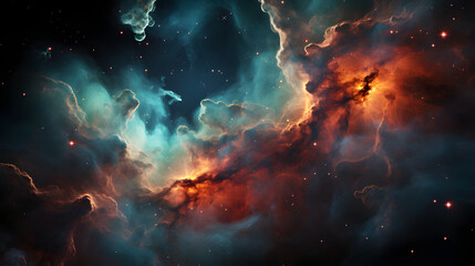Fototapeta premium A stunning nebula with swirling clouds of gas and dust, illuminated by bright stars. The colors are vibrant and captivating.