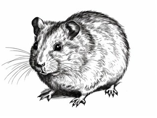 Black and white Vintage engraved art of a hamster isolated on white background, ink sketch illustration, simple vector art design, highly detailed line art, high contrasty 