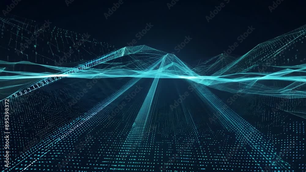 Fototapete A digitally-created landscape with cyan lines forming abstract hills and valleys. The background features a grid of data points, creating a sense of depth and complexity.