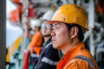 Asian seafarer participating in a safety drill with the crew, Generative AI