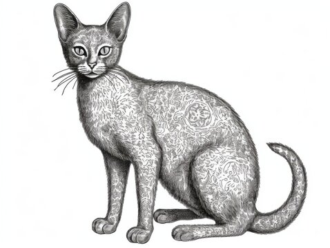 recommend clip art: Black and white Vintage engraved art of a Donskoy cat isolated on white background, ink sketch illustration, simple vector art design, highly detailed line art, high contrasty