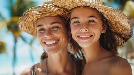 A happy mother and daughter wearing sun hats, smiling at the camera on vacation in sunny Miami with palm trees and blue sky.