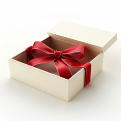 Present box or blank gift box with red ribbon and bow open isolated on white background with shadow 3D rendering, Generative AI