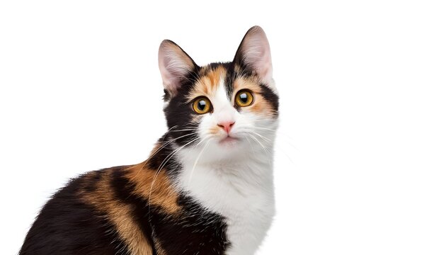 Closeup portrait happy calico cat sitting isolated on white background. 