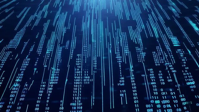 A digital background featuring a blue, glowing binary code streaming down the screen.