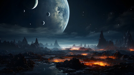 A desolate alien landscape with towering black mountains and glowing lava flows under a dark sky lit by a large planet and a crescent moon. The scene is eerie and mysterious.