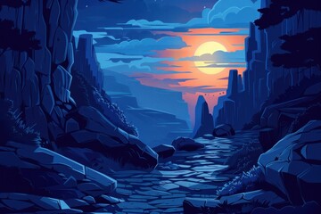 Fototapeta premium Rocky canyon path at sunset with blue sky and orange sun
