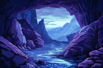 Mystical Cave Entrance with Glowing Blue River and Distant Snowy Mountains