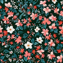  Seamless Pattern of Floral and Botanical Design with Red, Pink and White Flowers and Greenery