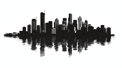 Naklejka premium City skyline silhouette reflected on calm water, tall skyscrapers, varied building shapes, minimalistic black and white, serene water reflection, clear sky, modern urban landscape, waterfront view.