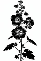 Black and white flat vector art of a hollyhock, svg style, isolated on white background, simple vector art design 