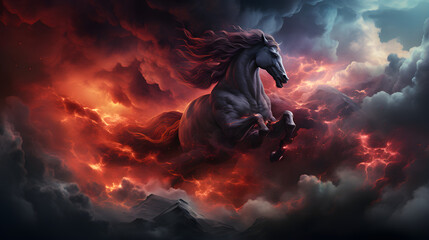 A powerful black horse leaps through a stormy sky, its mane and tail flowing in the wind.
