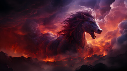 A fiery, mythical horse with glowing red eyes gallops through a storm of swirling clouds and lava. It's a dramatic, dark fantasy image.
