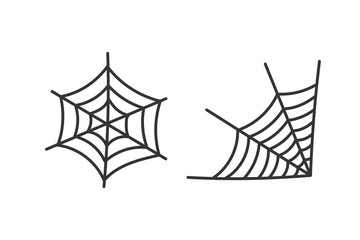 Spider Web Line Design Elements. Hand drawn Halloween symbol. Doodle abandoned decoration. Isolated vector illustration