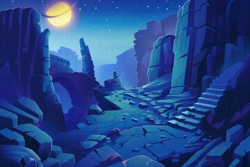 Mysterious Rocky Canyon Under Moonlight