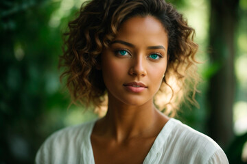 Naklejka premium mujer morena ojos celestes fondo verde abtracto