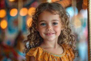 Fototapeta premium Happy Little Girl with Long Curly Hair Laughing and Smiling on Carousel at Amusement Park, Wearing Colorful Dress, Close-Up Portrait