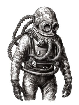 recommend clip art: Black and white Vintage engraved art of an octopus in a diver's suit, isolated on white background, ink sketch illustration, simple vector art design, highly detailed line art, high contrasty 