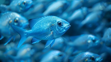 Fototapeta premium A large school of small, brightly blue fish swimming in unison.