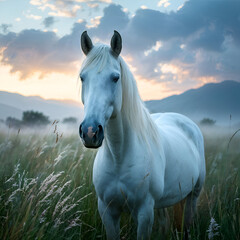 Naklejka premium White horse, captivating blue eyes, standing in serene meadow, dew-kissed grass, distant mountains, soft sunrise illuminating cloud wisps, ethereal glow, high-key photography, dramatic lighting, ultra