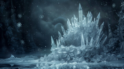 A throne made of ice with large snowflakes in the center and on the sides, dark background 