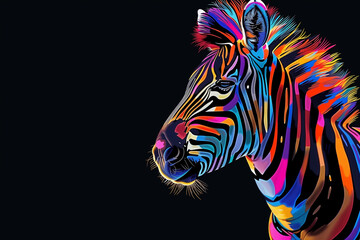 Abstract Portrait of A zebra in multicolor with black background wallpaper and copy space
