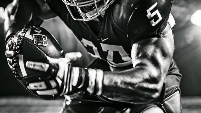 Dramatic Black and White Football Player in Action with Intense Focus on Ball