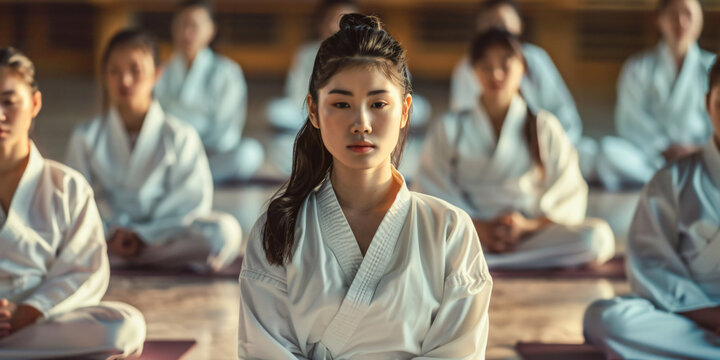 asian young woman in a white karate gi sits in a meditation pose, surrounded by other students, demonstrating focus and discipline during a training session. - Powered by Adobe
