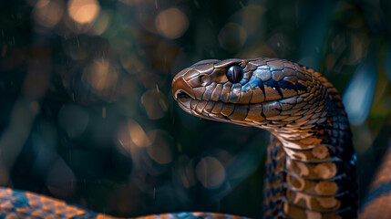 Fototapeta premium Cobra with head raised and neck puffed out, dark forest background, Ai generated Images