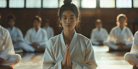 asian young woman in a white kimono sits in a meditative pose surrounded by others in a karate dojo.