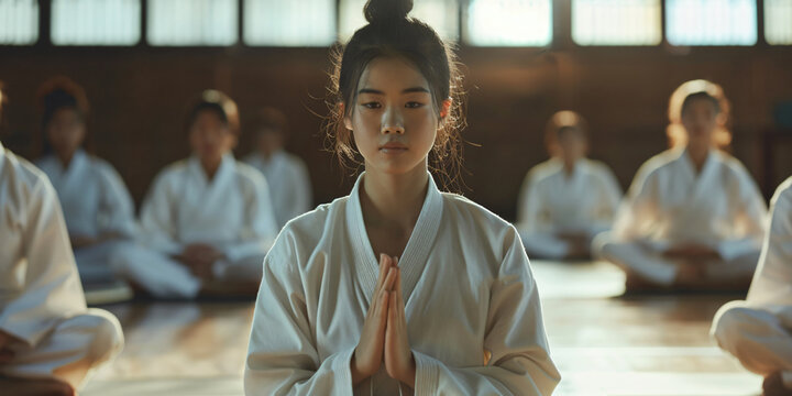 asian young woman in a white kimono sits in a meditative pose surrounded by others in a karate dojo.