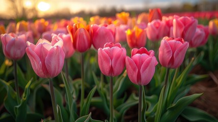 Fototapeta premium Beautiful Field of Pink and Orange Tulips in Bloom at Sunset with Soft Golden Light and Blurred Background, Capturing the Essence of Springtime and Nature's Beauty in a Vibrant Floral Landscape