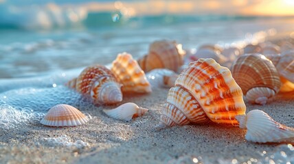 Beautiful Seashells on Sandy Beach with Ocean Waves at Sunset - Tranquil Coastal Scene with Vibrant Colors and Natural Beauty