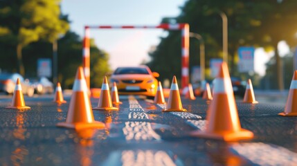 A car navigates through a line of orange traffic cones on a road, indicating a driving test or obstacle course.