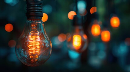 Close-up of glowing light bulbs hanging in a festive setting, creating a warm and inviting atmosphere with bokeh effects.