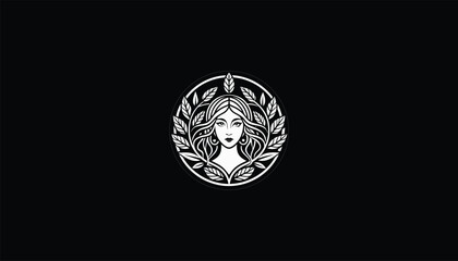 Minimalist Botanical Logo Design with Circle of Leaves Branches and Woman's Face: Elegant Nature-Inspired Emblem